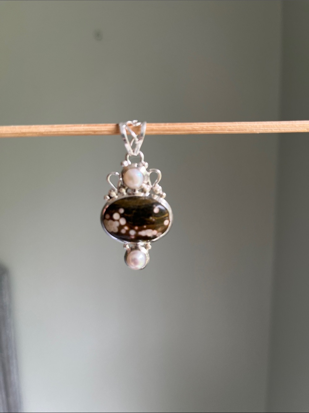 Sterling Silver Pendant Necklace with Ocean Jasper and White Pearl Accents - Picture 3 of 4